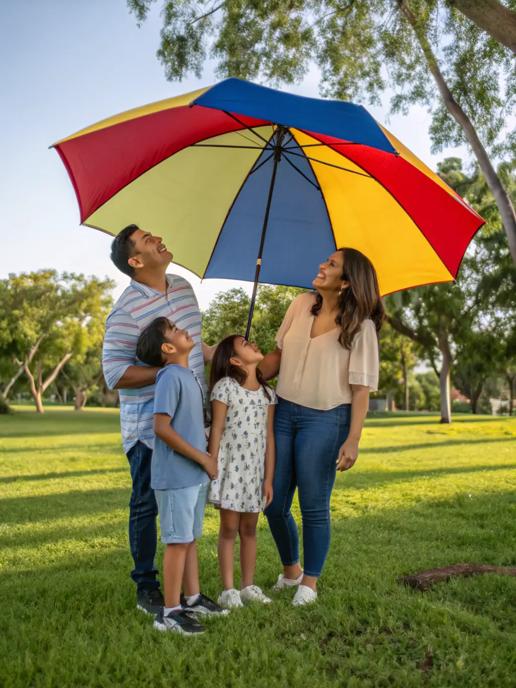 A family confidently protected by an umbrella, representing DKM VFN's comprehensive insurance solutions.